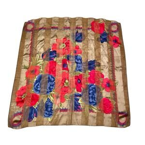 Vintage Scarf Silk Floral Striped 30 X 30 Square Multicolor Hand Rolled Boho